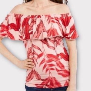 A Pea In The Pod Women’s Maternity Top Medium Floral Ruffle Off Shoulder Pom Pom